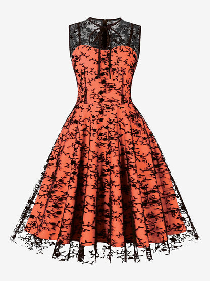 Embroidered Dress Round Neck Sleeveless Lace Up Retro Glamour Dresses