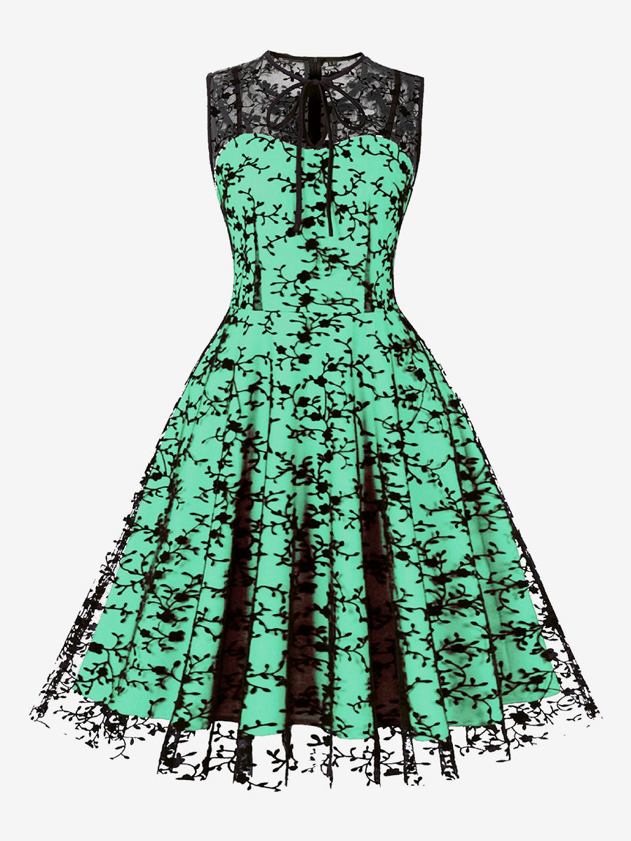 Embroidered Dress Round Neck Sleeveless Lace Up Retro Glamour Dresses