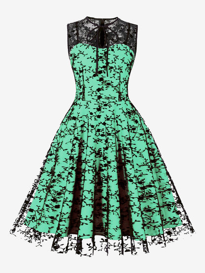 Embroidered Dress Round Neck Sleeveless Lace Up Retro Glamour Dresses