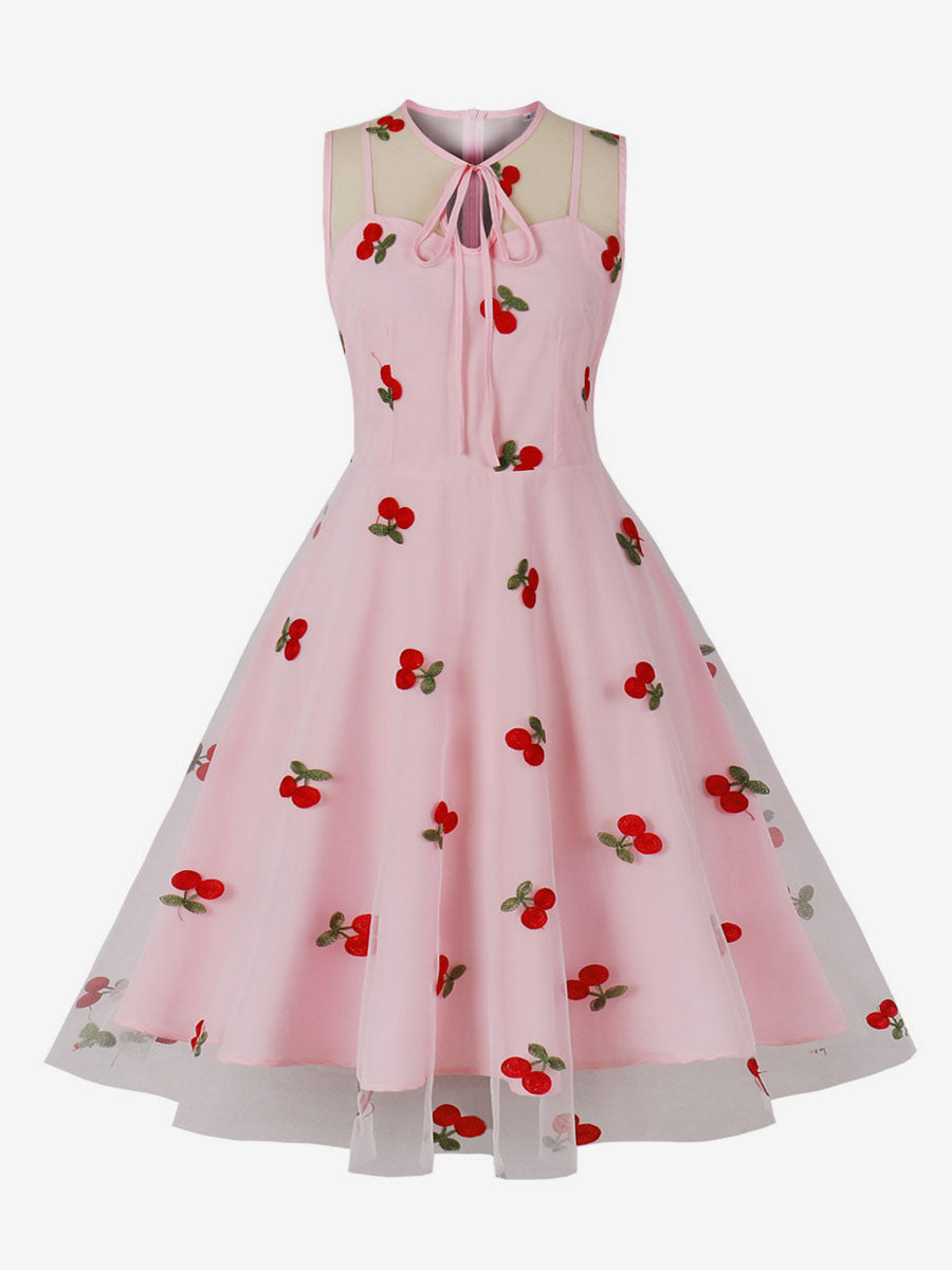 Embroidered Dress Round Neck Sleeveless Lace Up Retro Glamour Dresses