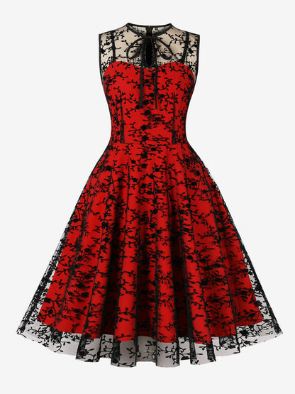 Embroidered Dress Round Neck Sleeveless Lace Up Retro Glamour Dresses