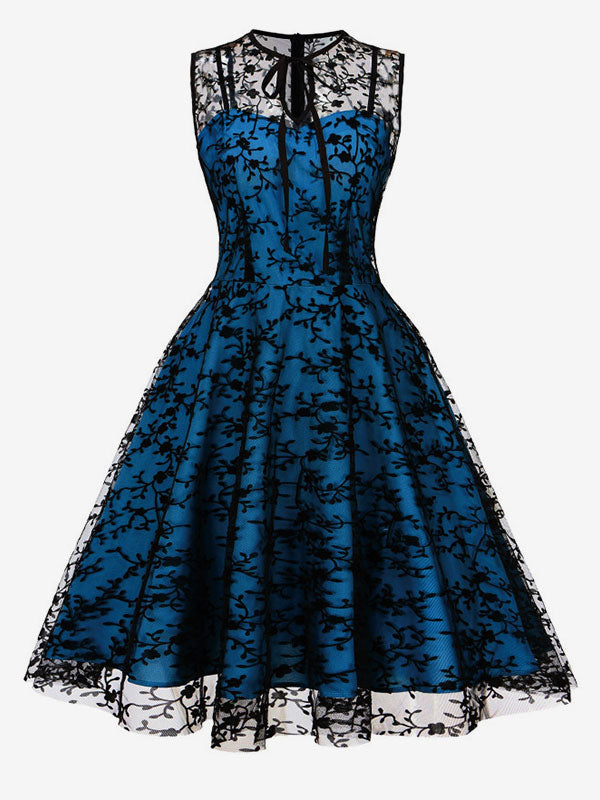 Embroidered Dress Round Neck Sleeveless Lace Up Retro Glamour Dresses