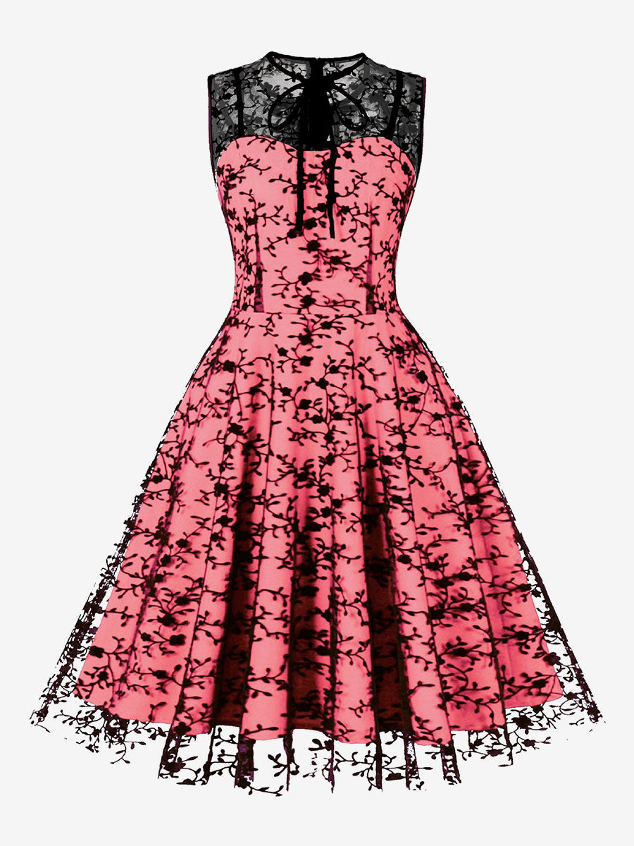 Embroidered Dress Round Neck Sleeveless Lace Up Retro Glamour Dresses