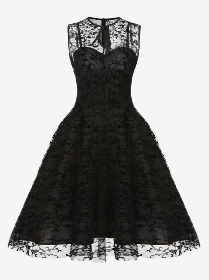 Embroidered Dress Round Neck Sleeveless Lace Up Retro Glamour Dresses