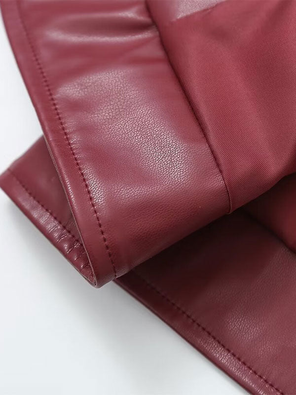 PU Leather Jacket Turndown Collar Long Sleeves Zipper Women's Jacket In Burgundy