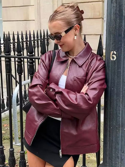 PU Leather Jacket Turndown Collar Long Sleeves Zipper Women's Jacket In Burgundy