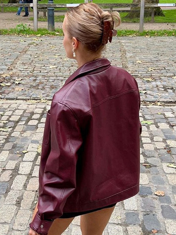 PU Leather Jacket Turndown Collar Long Sleeves Zipper Women's Jacket In Burgundy