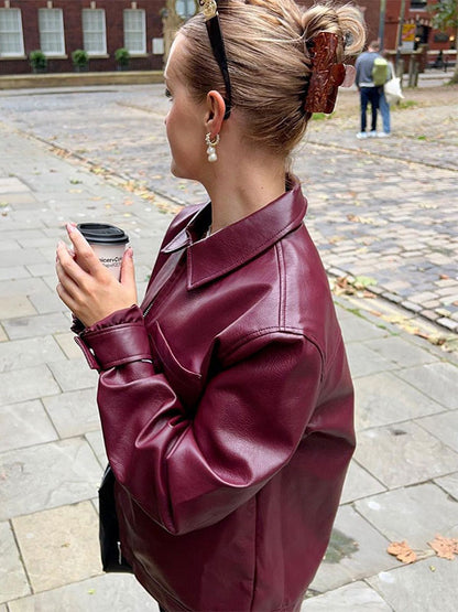 PU Leather Jacket Turndown Collar Long Sleeves Zipper Women's Jacket In Burgundy