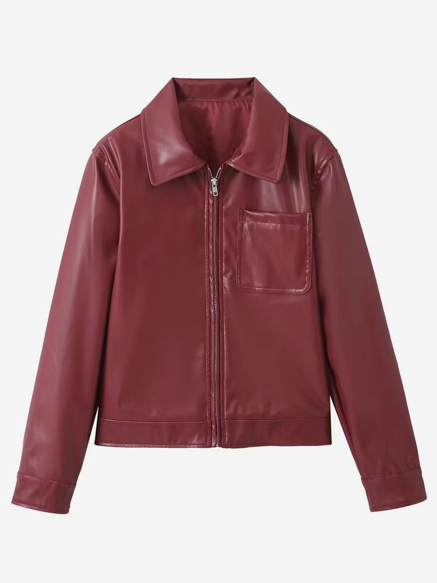 PU Leather Jacket Turndown Collar Long Sleeves Zipper Women's Jacket In Burgundy