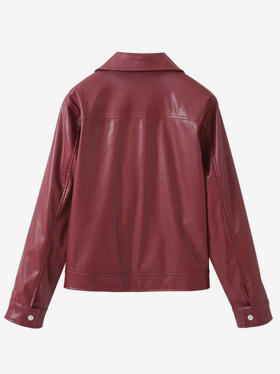 PU Leather Jacket Turndown Collar Long Sleeves Zipper Women's Jacket In Burgundy