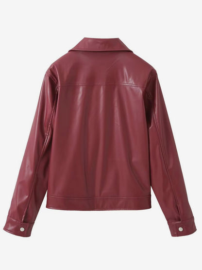 PU Leather Jacket Turndown Collar Long Sleeves Zipper Women's Jacket In Burgundy
