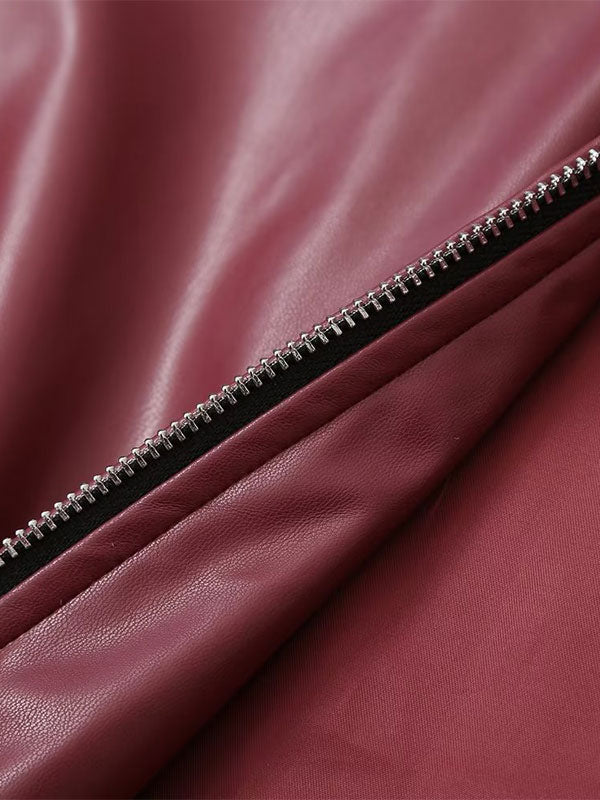 PU Leather Jacket Turndown Collar Long Sleeves Zipper Women's Jacket In Burgundy