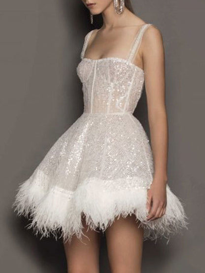 Party Dresses Ecru White Straps Neck Sequins Sleeveless Sheer Mini Dress