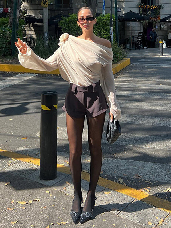 One Shoulder Tees Pleated Asymmetrical Shirt For Women