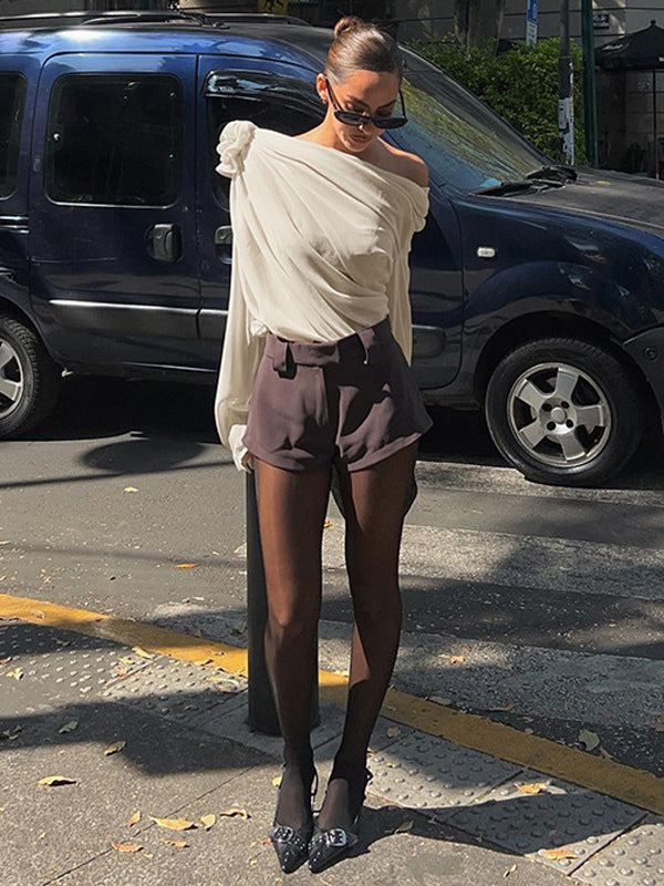 One Shoulder Tees Pleated Asymmetrical Shirt For Women