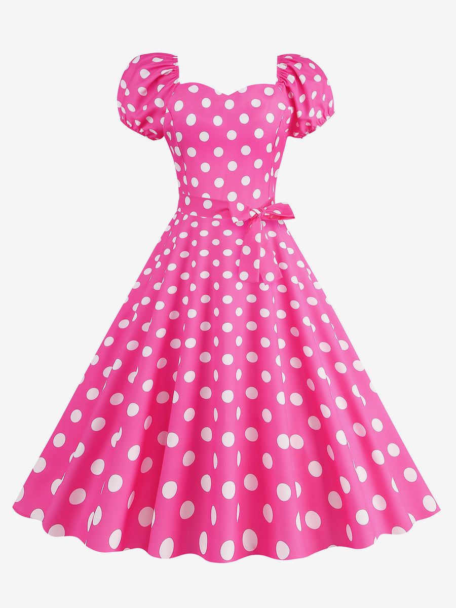 Retro Glamour Dress Sweetheart Neck Puff Sleeves Polka Dots Casual Long Dresses