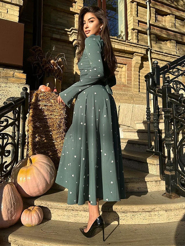 Triangle Printed Dress Round Neck Long Sleeves Casual Maxi Dresses