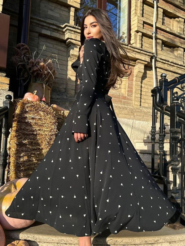 Triangle Printed Dress Round Neck Long Sleeves Casual Maxi Dresses