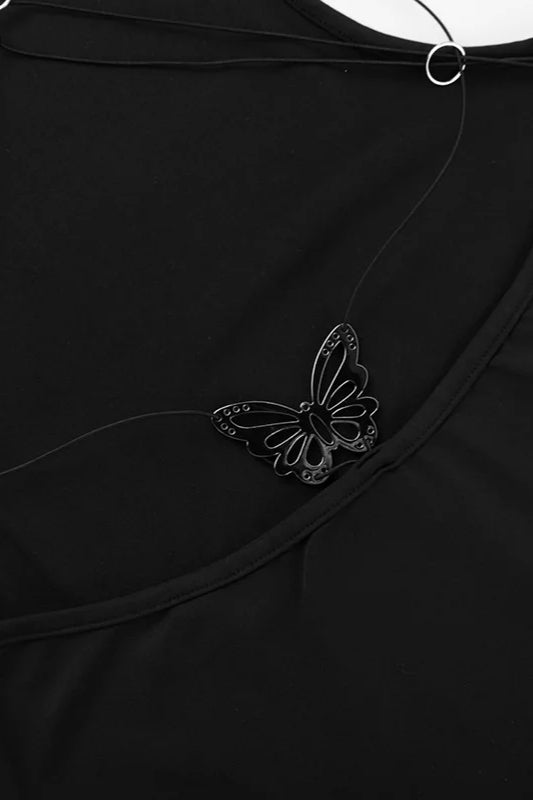 Mock Neck Sleeveless Criss-Cross Strap Butterfly Charm Open Back Bodycon Maxi Dress
