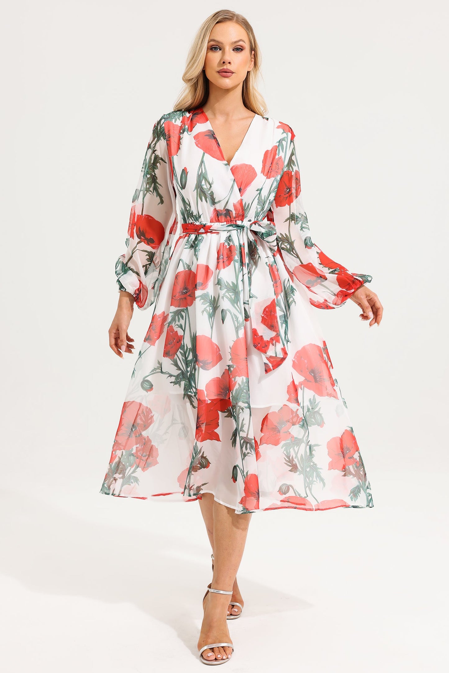 Chiffon Floral Long Sleeve Midi Dress