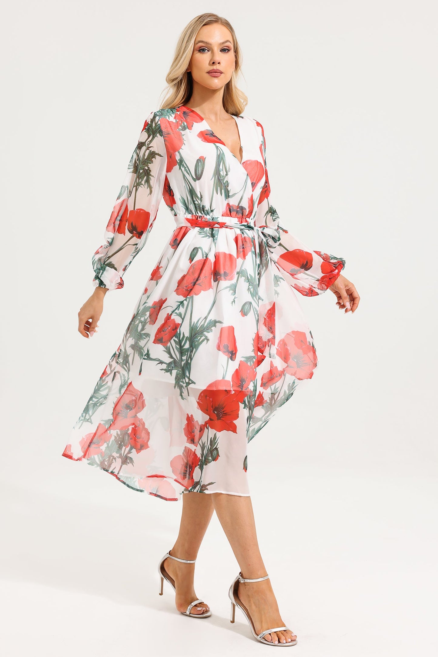 Chiffon Floral Long Sleeve Midi Dress