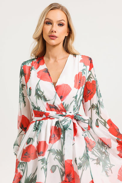 Chiffon Floral Long Sleeve Midi Dress