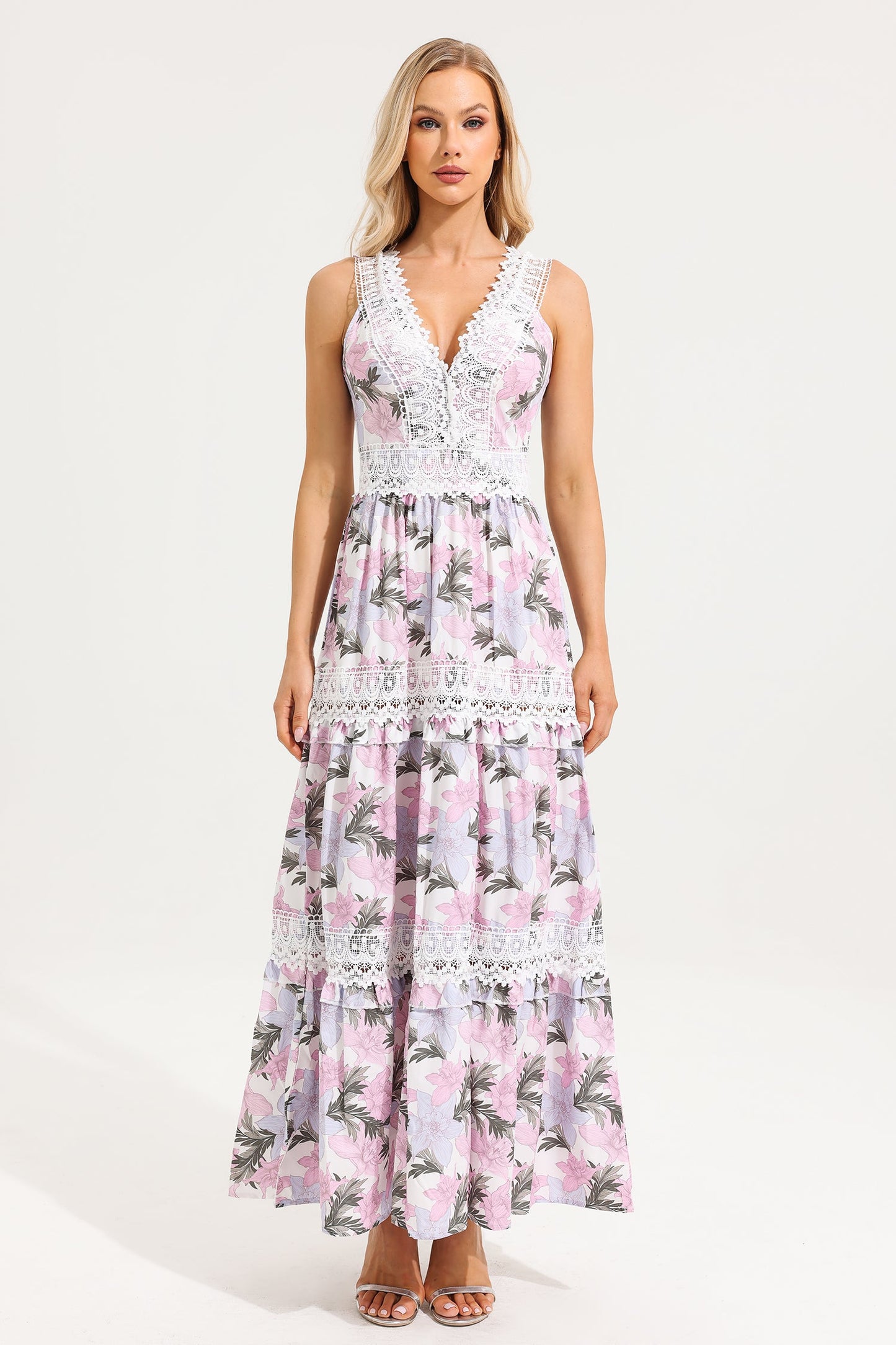 Floral Lace V-Neck Sleeveless Maxi Dress