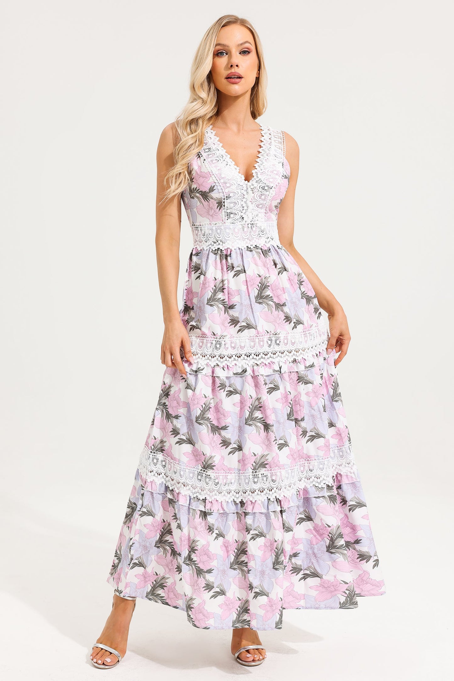 Floral Lace V-Neck Sleeveless Maxi Dress