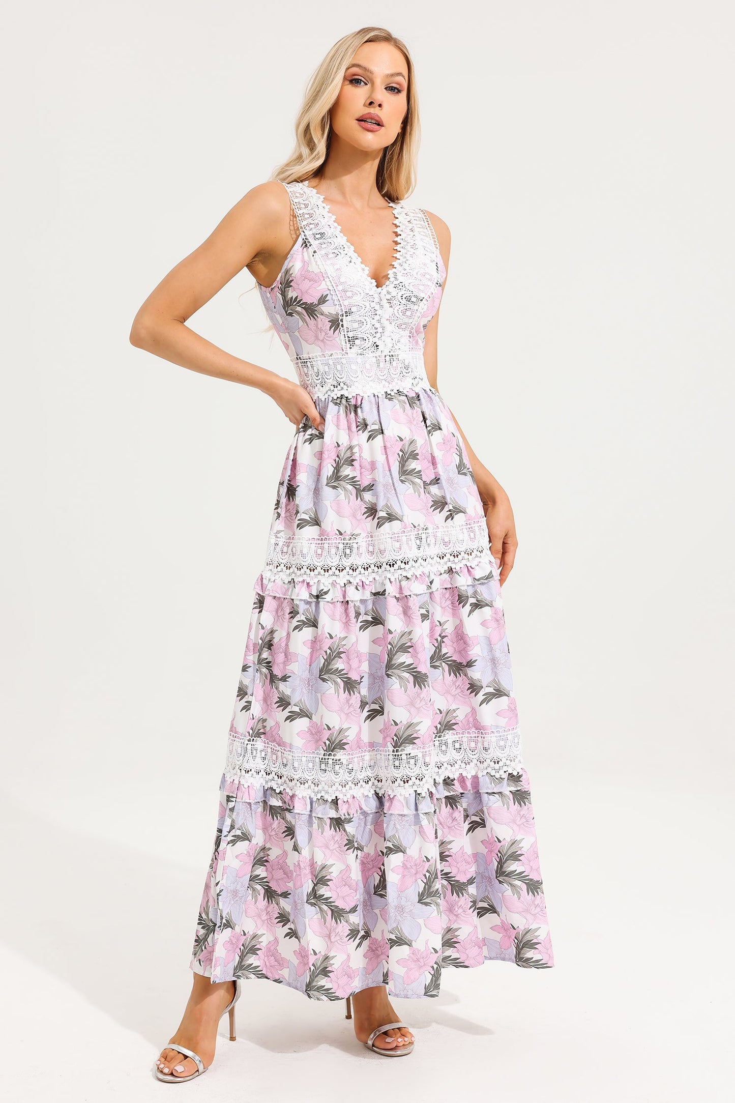 Floral Lace V-Neck Sleeveless Maxi Dress