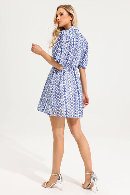 V-Neck Embroidered Puff Sleeve Mini Dress