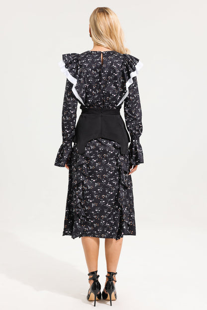 Floral Ruffle Ball Sleeve Midi Dress With Belt