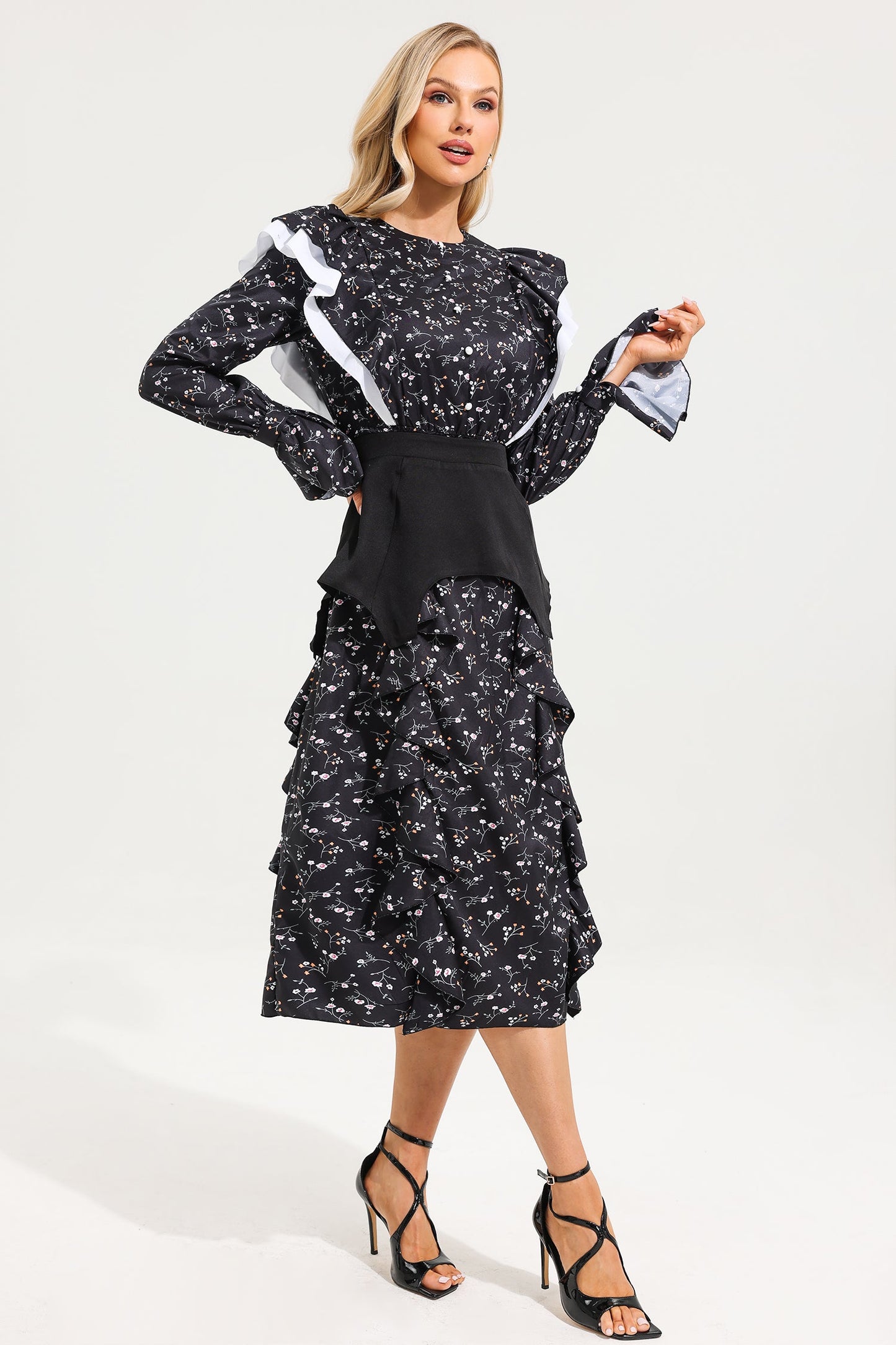 Floral Ruffle Ball Sleeve Midi Dress With Belt