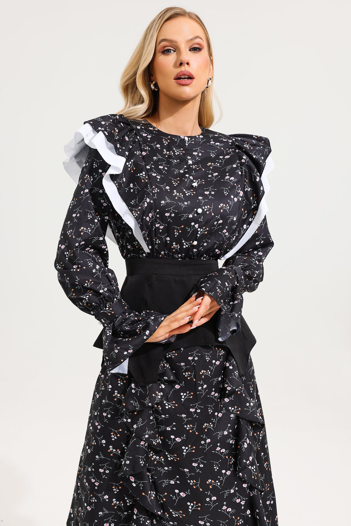 Floral Ruffle Ball Sleeve Midi Dress With Belt