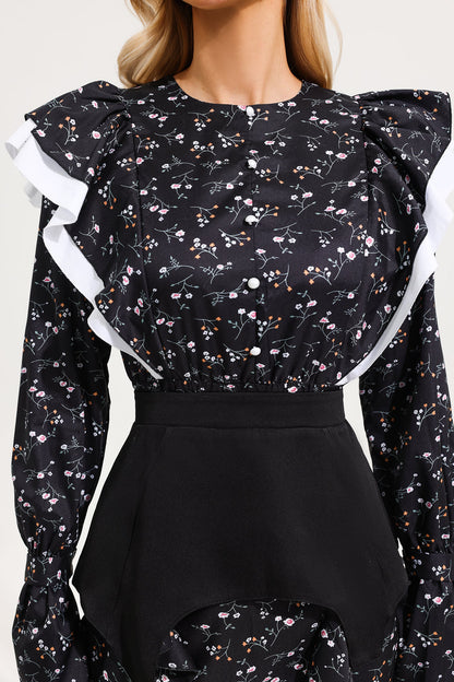 Floral Ruffle Ball Sleeve Midi Dress With Belt