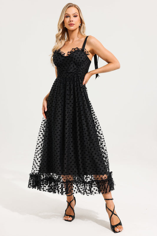 Heart Print Mesh Ruffle Tiered Dress