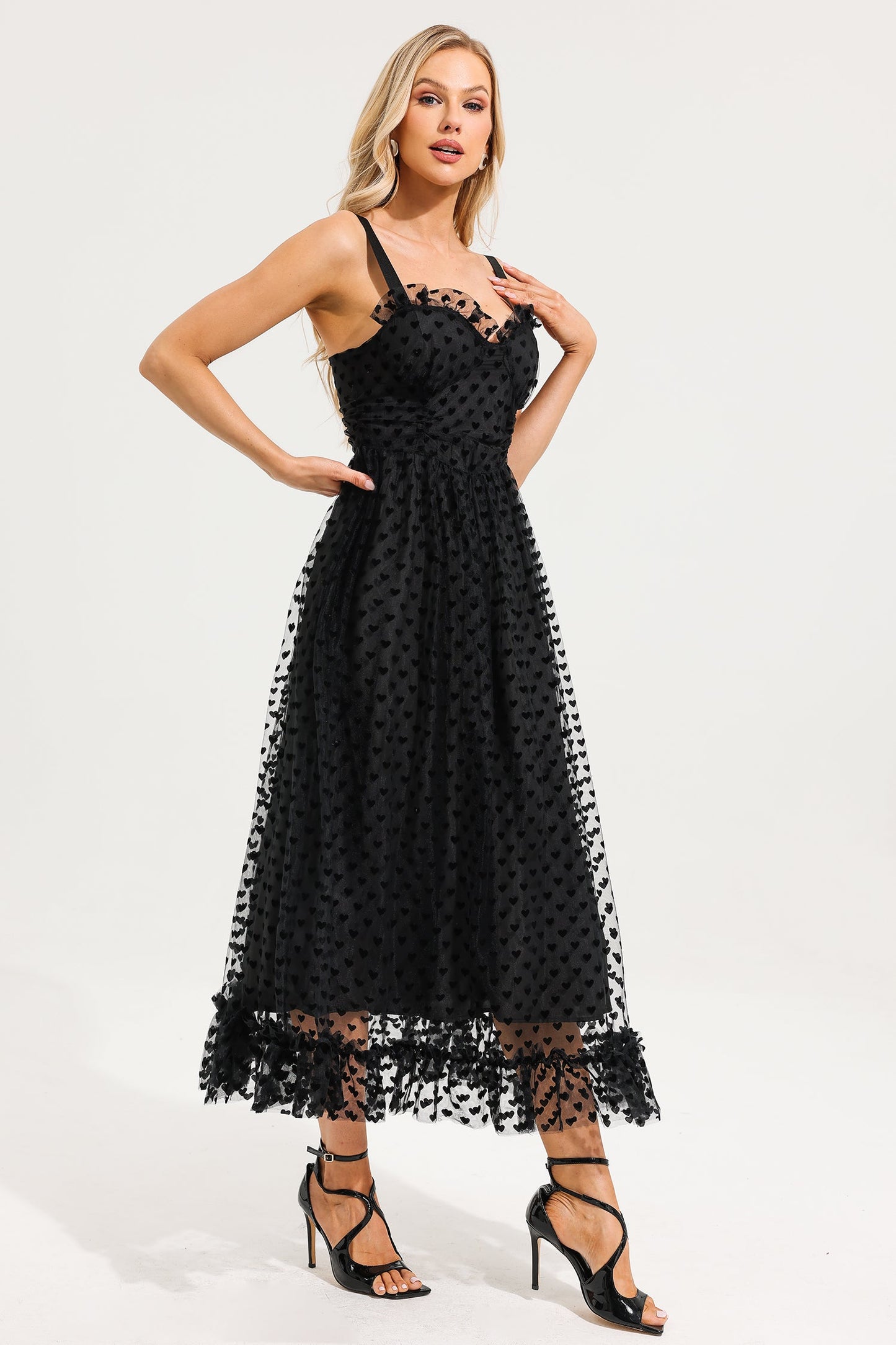 Heart Print Mesh Ruffle Tiered Dress