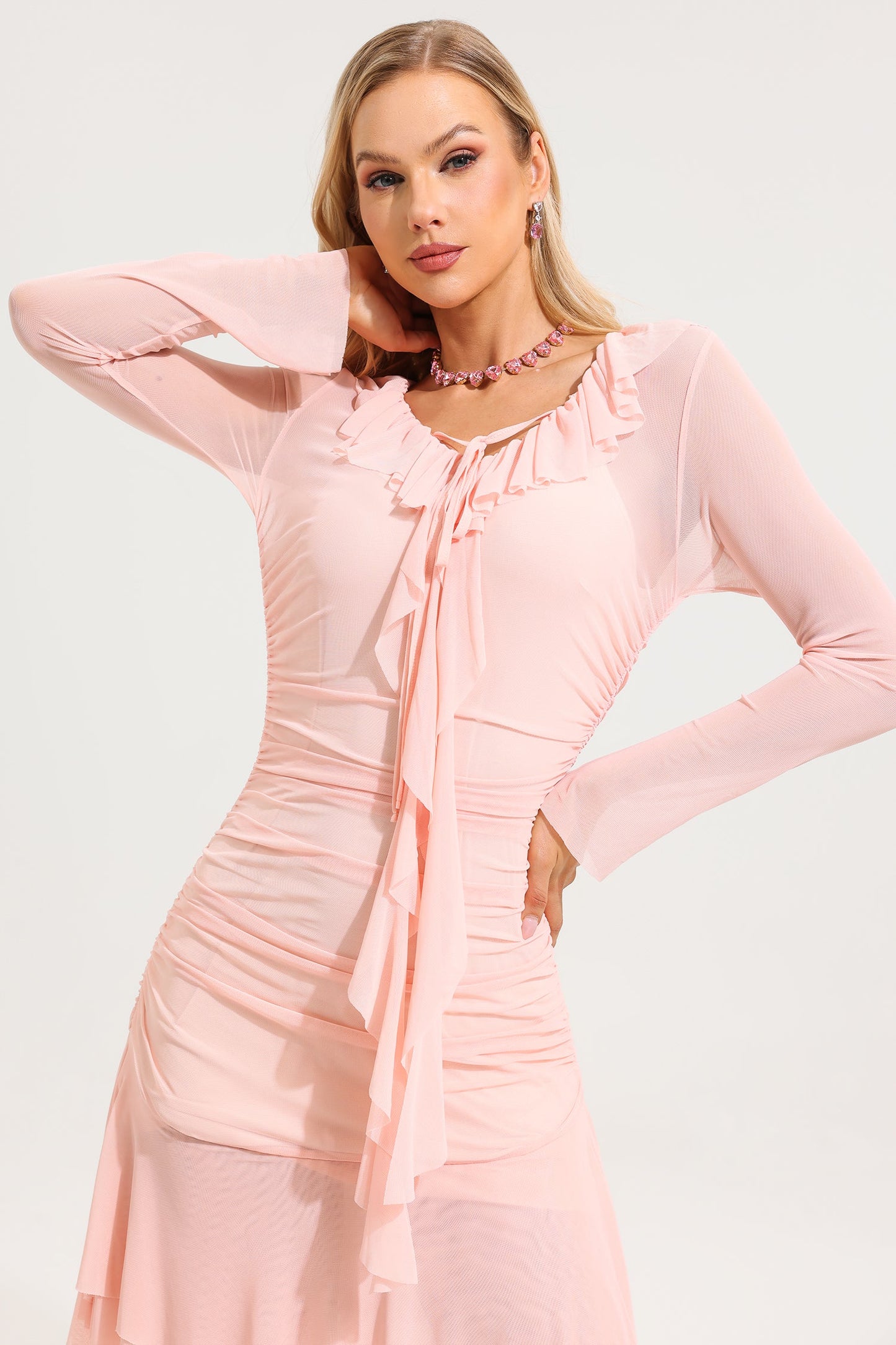 Ruffle Ruched Long Sleeve Mini Dress