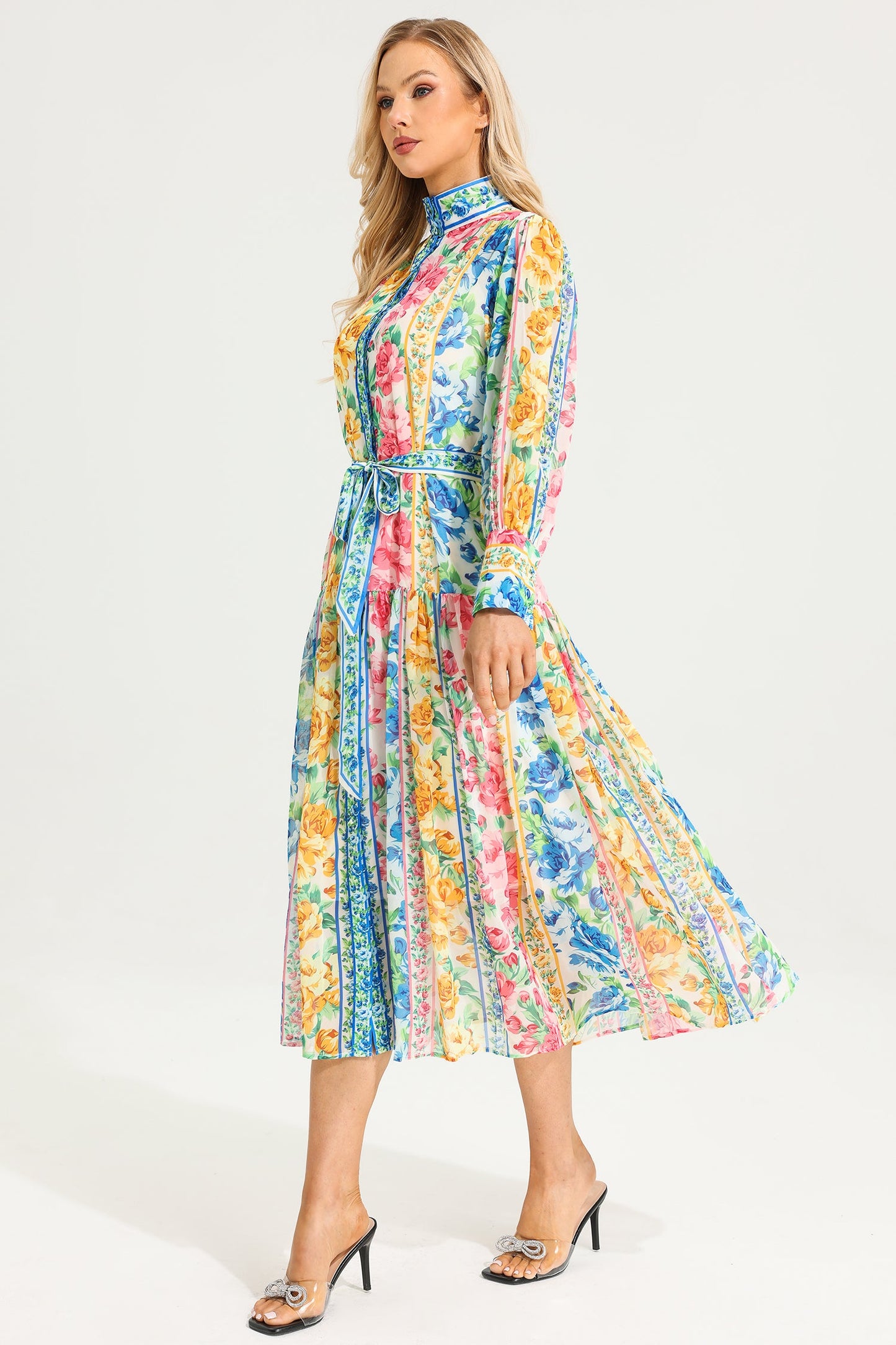 Floral Stand Collar Maxi Dress With Belt