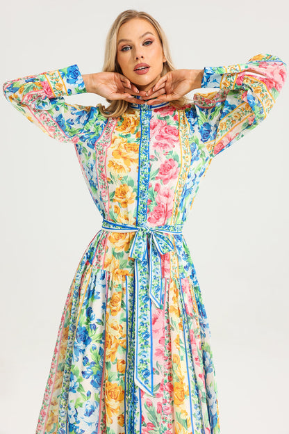 Floral Stand Collar Maxi Dress With Belt