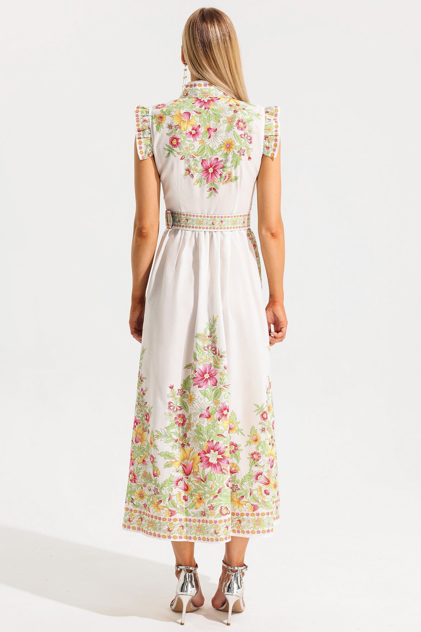 Floral Stand Collar Sleeveless Button Midi Dress With Belt