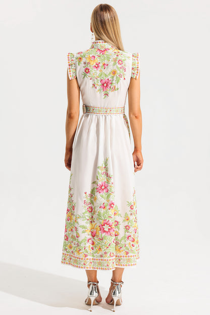 Floral Stand Collar Sleeveless Button Midi Dress With Belt
