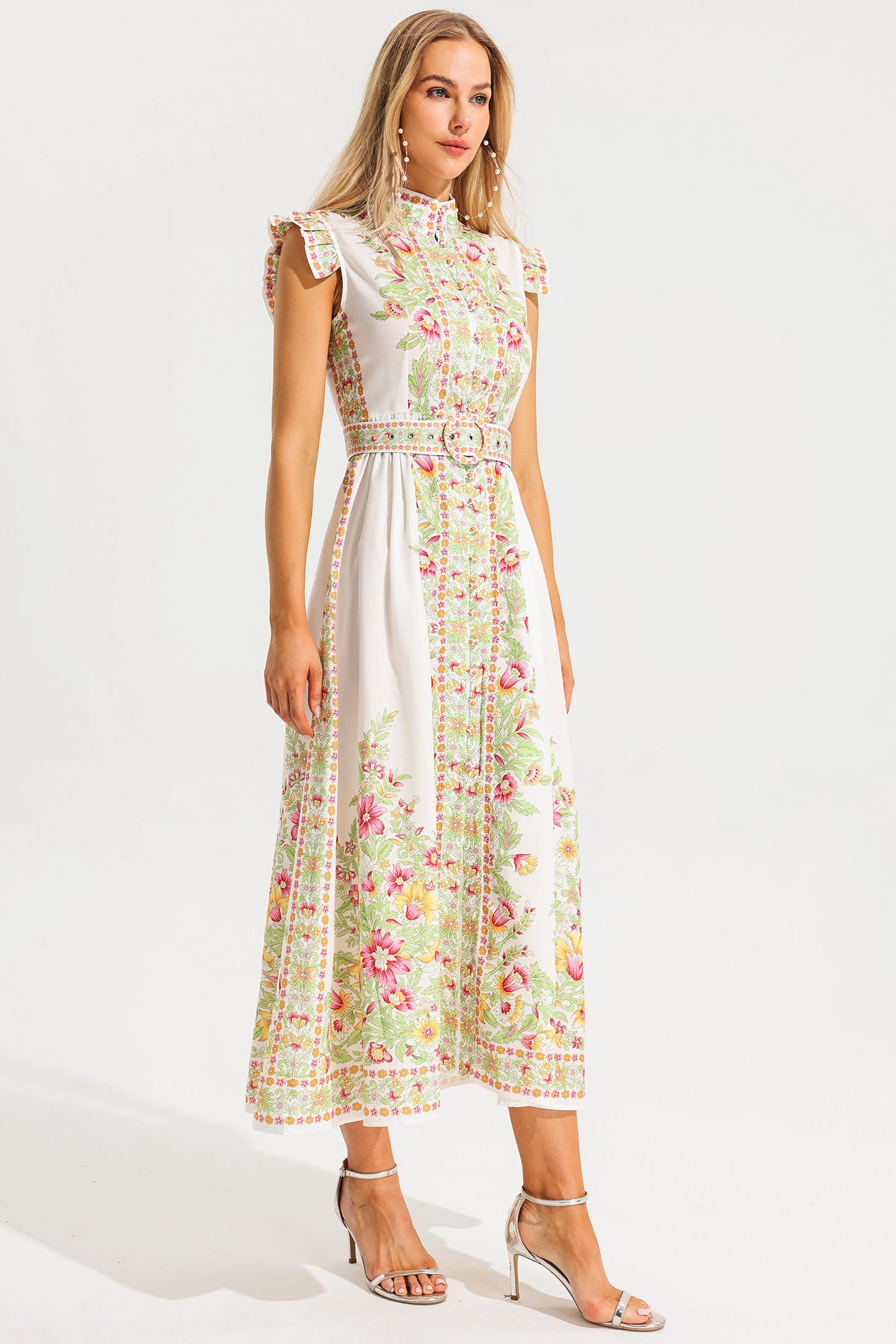 Floral Stand Collar Sleeveless Button Midi Dress With Belt