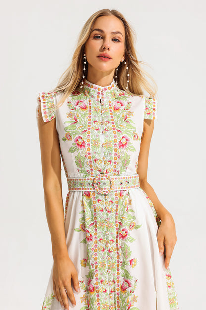 Floral Stand Collar Sleeveless Button Midi Dress With Belt