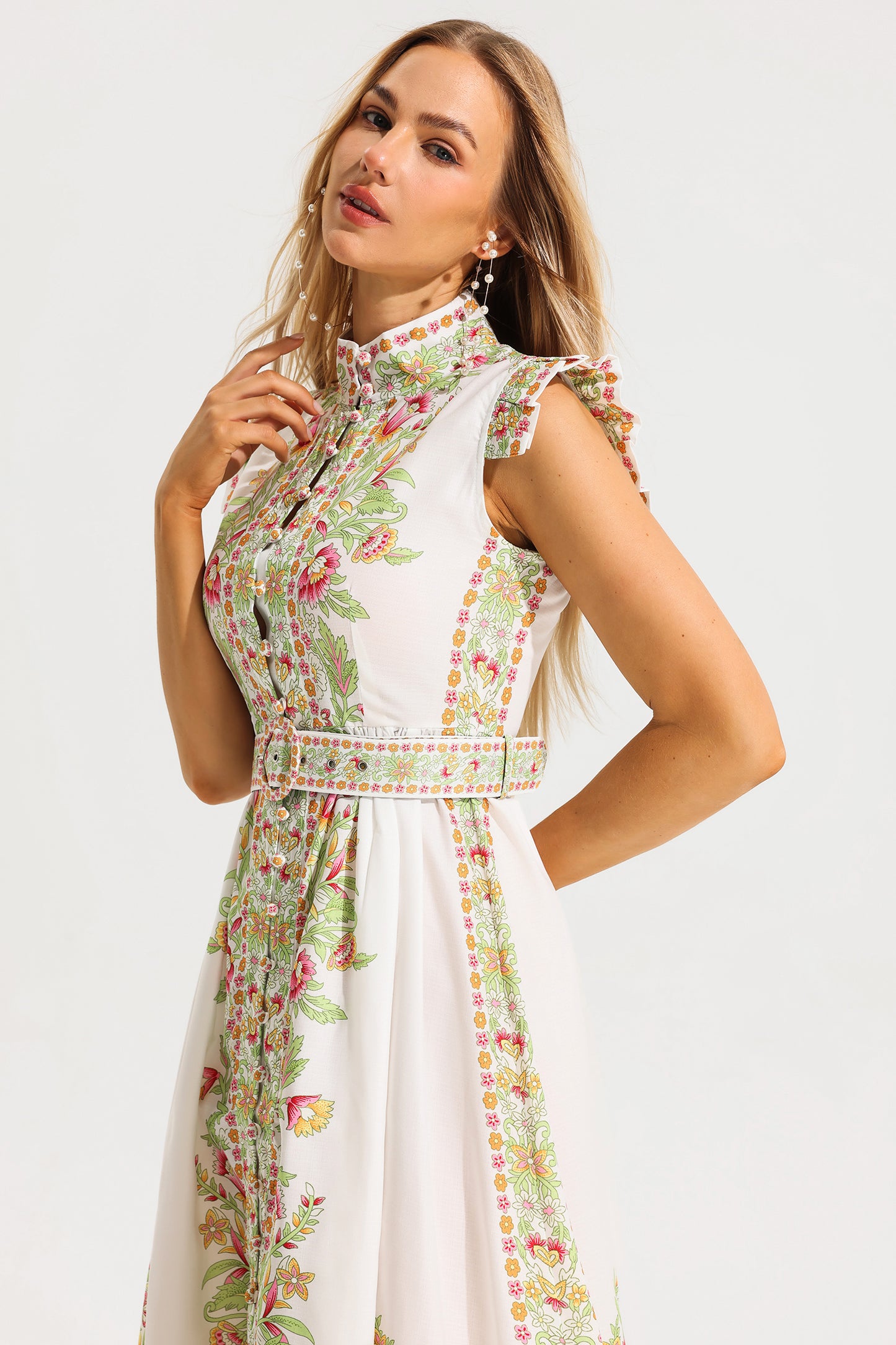Floral Stand Collar Sleeveless Button Midi Dress With Belt