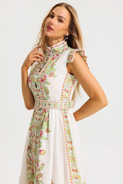 Floral Stand Collar Sleeveless Button Midi Dress With Belt