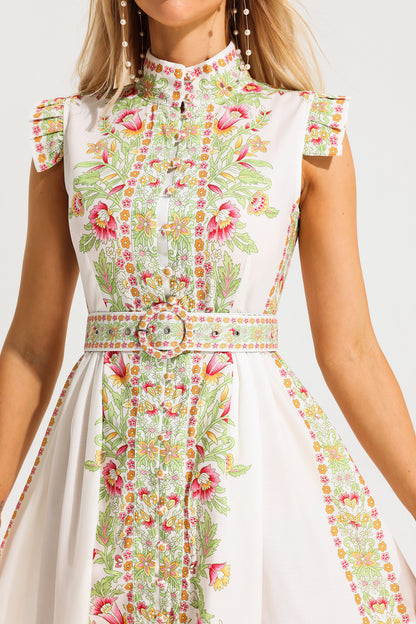 Floral Stand Collar Sleeveless Button Midi Dress With Belt