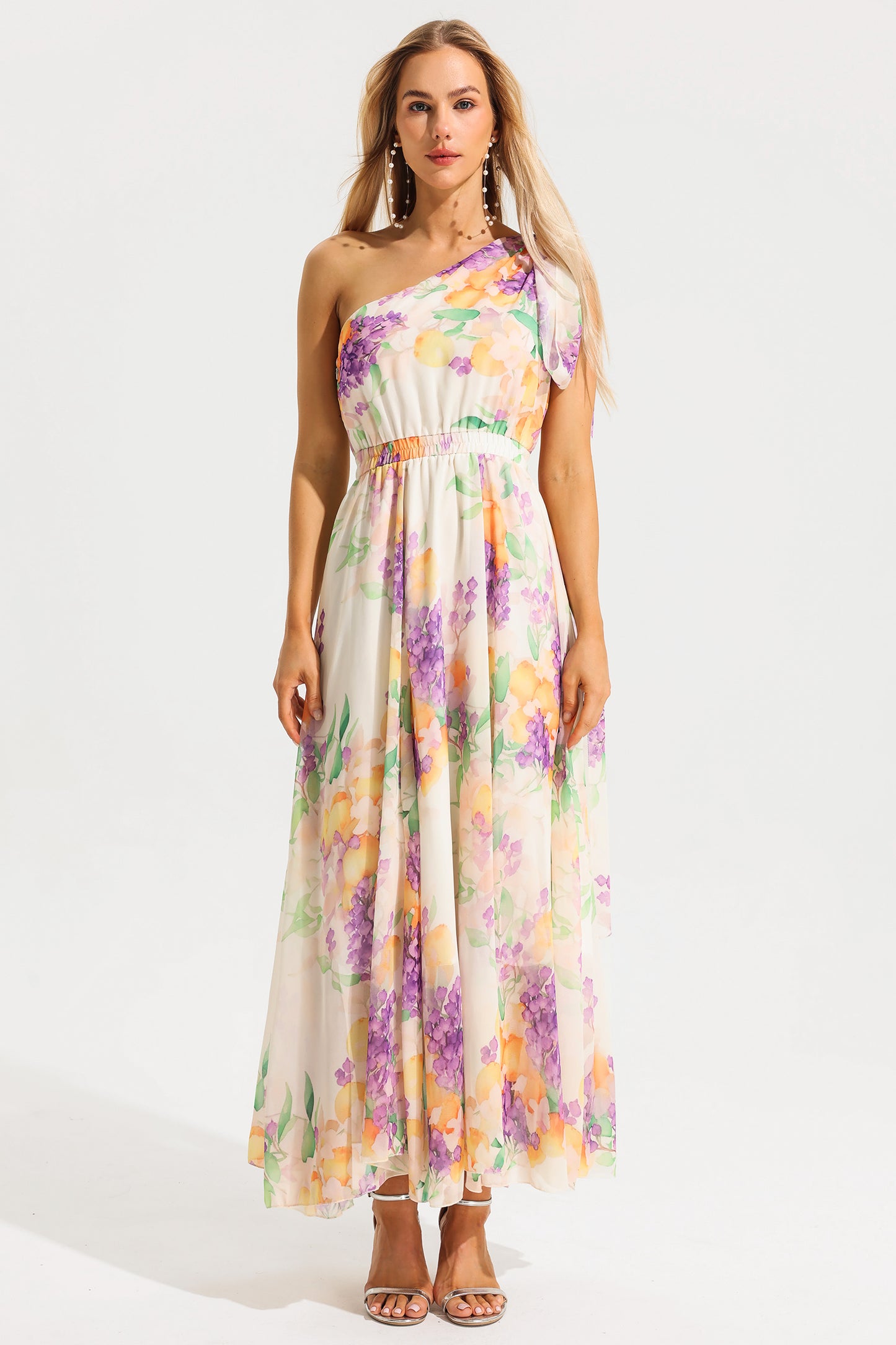 Floral One-Shoulder Sleeveless Maxi Dress