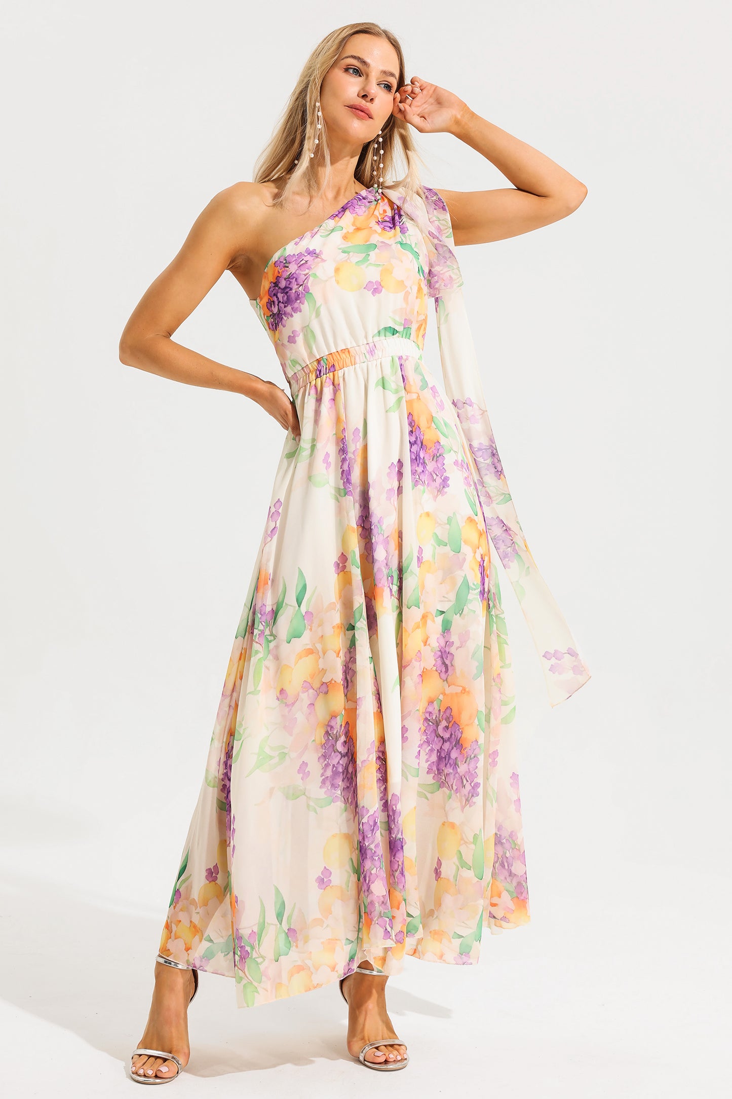 Floral One-Shoulder Sleeveless Maxi Dress