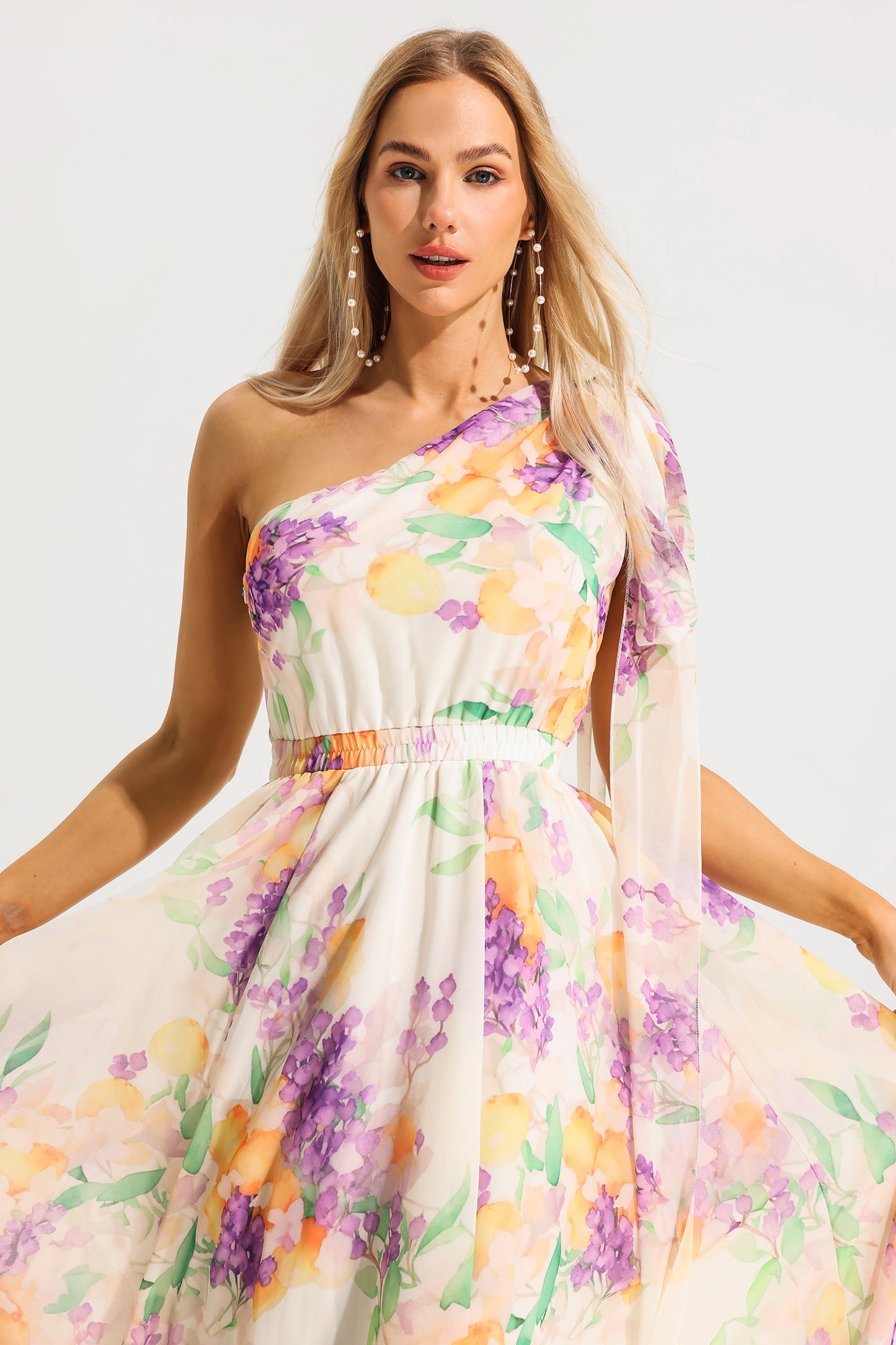Floral One-Shoulder Sleeveless Maxi Dress