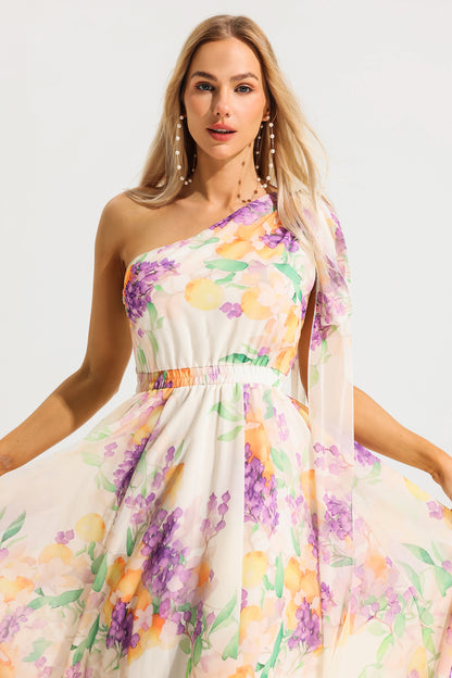 Floral One-Shoulder Sleeveless Maxi Dress